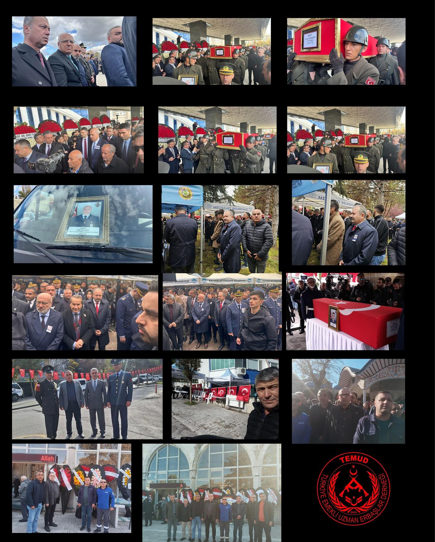 Gürcistan’da meydana gelen C-130 kazasında şehit olan 20 kahraman askerimiz için, Temud Genel Merkezimiz, Temud Kayseri, Temud Tekirdağ ve Temud Ankara şubelerimiz ile birlikte şehitlerimizin uğurlama törenlerinde son görevimizi yerine getirdik.