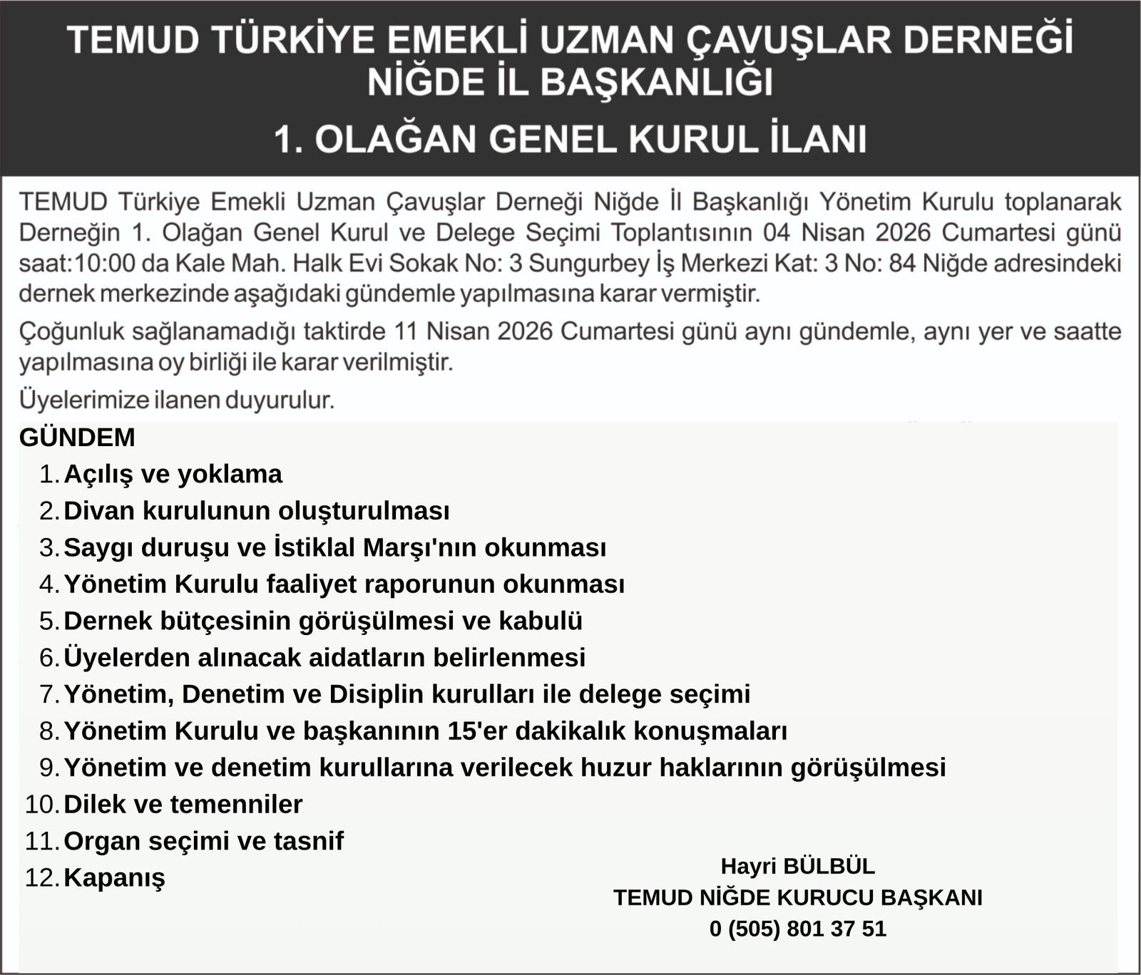 TEMUD NİĞDE İL BAŞKANLIĞI GENEL KURULU İLANI