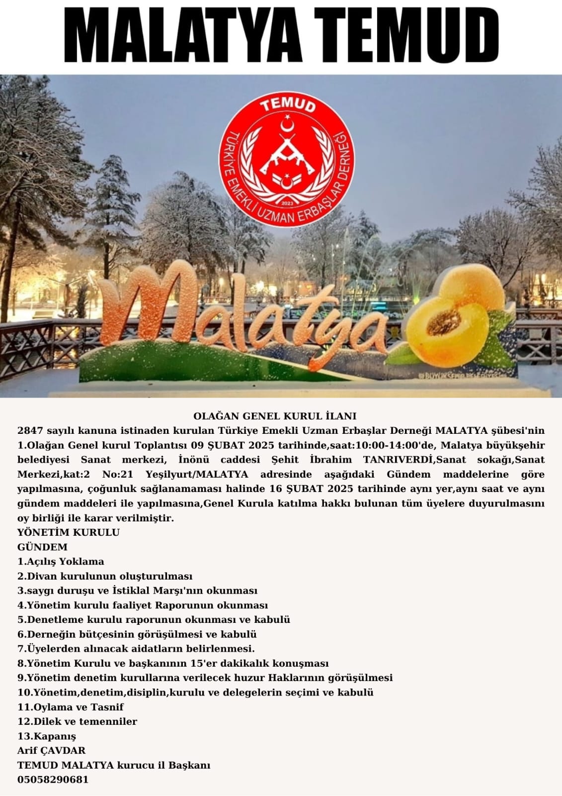 TEMUD MALATYA OLAĞAN GENEL KURUL İLANI 