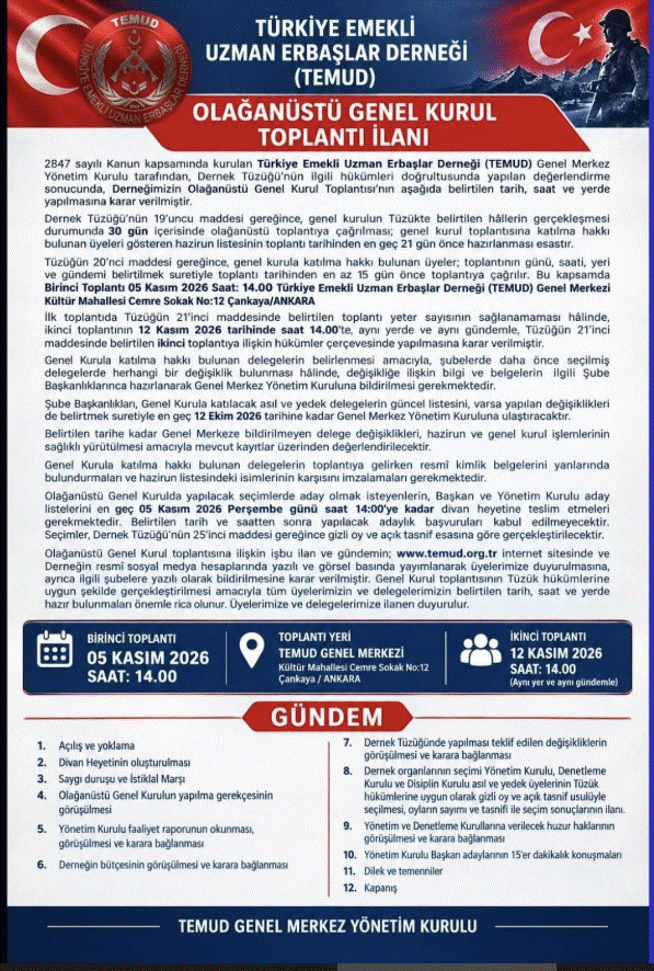 TÜRKİYE EMEKLİ UZMAN ERBAŞLAR DERNEĞİ (TEMUD) OLAĞANÜSTÜ GENEL KURUL TOPLANTI İLANI